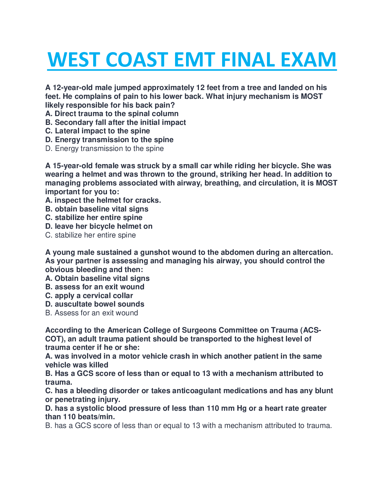 Preview image for WEST COAST EMT FINAL EXAM LATEST UPDATED VERSION (2023/2024) SERIES ALL CORRECT ANSWERS TO BOOST YOUR GRADES, DOWNLOAD FOR TOTAL SATISFCTION.
